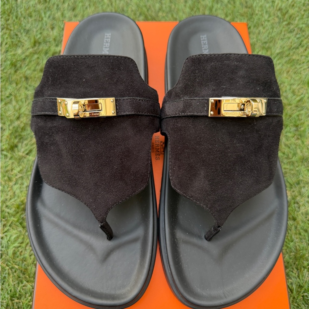 HERMES EMPIRE BLACK NOIR  SUEDE LEATHER FLIP FLOPS SHOES FLAT THONG SANDALS MULE